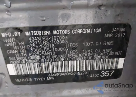 2017 Mitsubishi Outlander Sport 2.4 Se z USA, uszkodzony, nr VIN JA4AP3AW9HZ045220